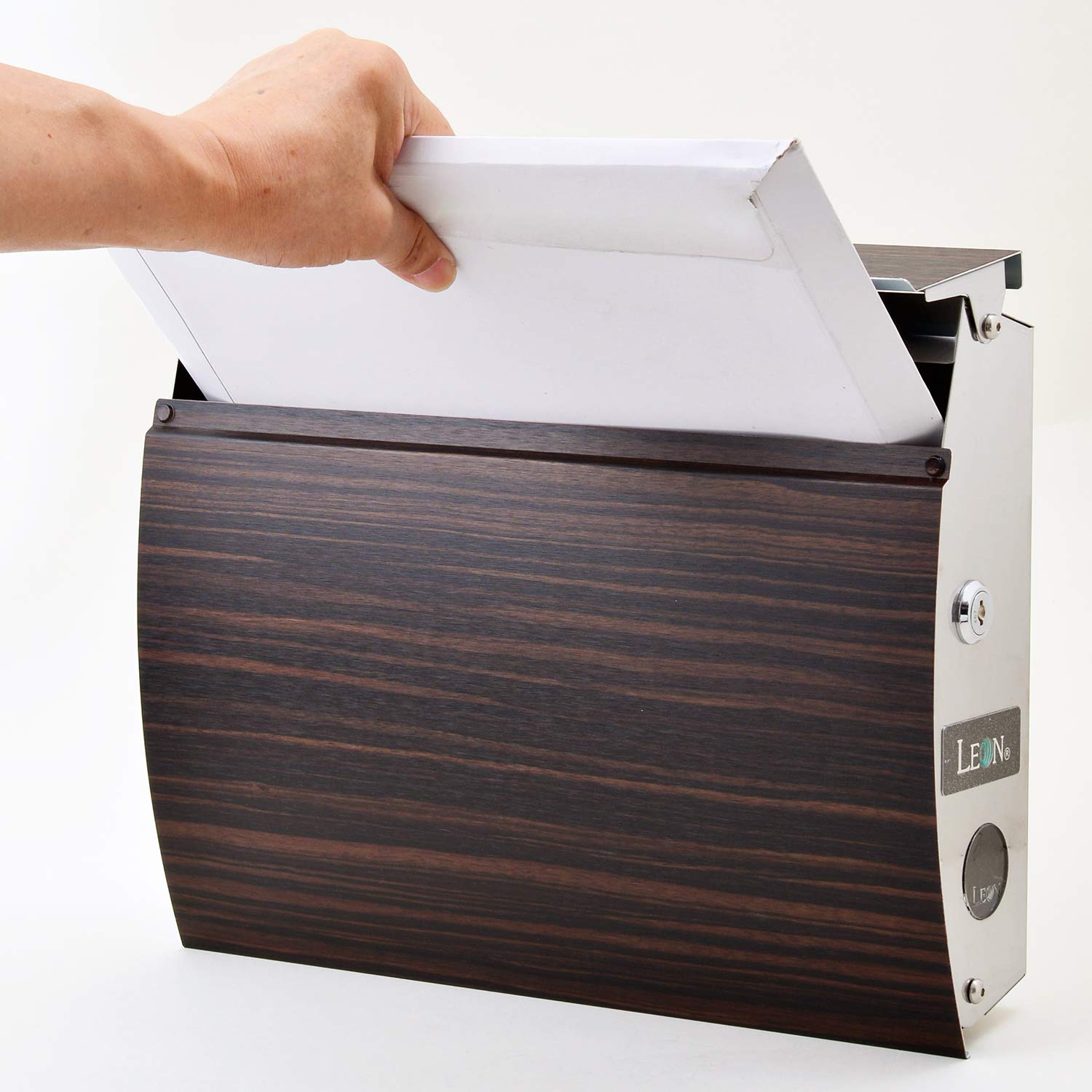 MB-4801 Large Stainless Steel Wall Mount Mailbox with Key - Modern Mid Century Secure Locking Letterbox for House or Office - Ebony Wood Finish - Perfect for Home Entryways, Office Buildings & Apartment Complexes