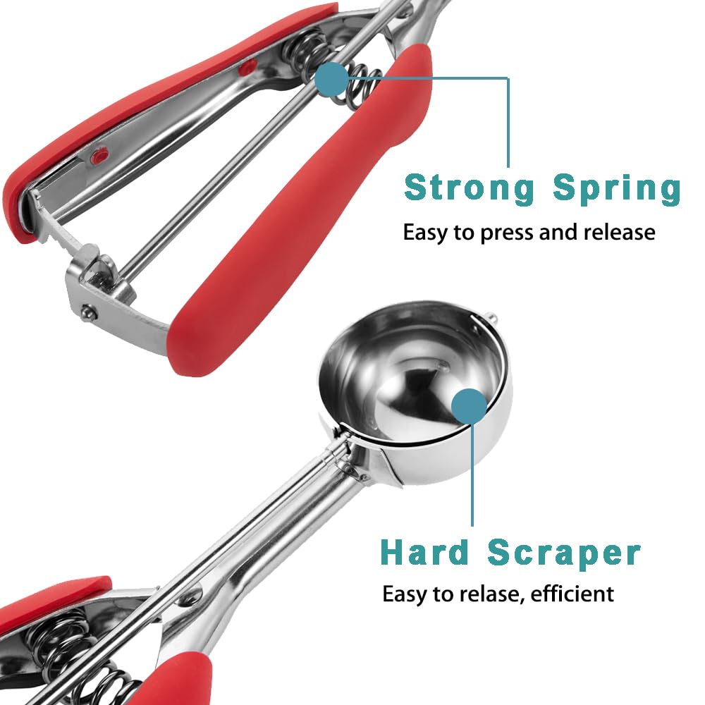 2 Tbsp Cookie Scoop with Red Handle - Spring-Loaded 18/8 Stainless Steel Scooper for Perfect Cookies, Cupcakes, Muffins & Meatballs - Comfortable Grip for Baking, Ice Cream & Meal Prep