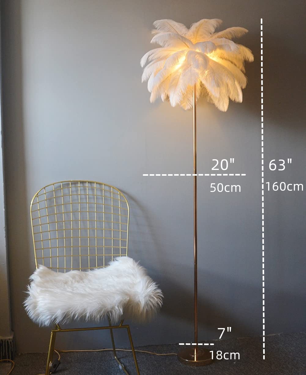 Natural White Ostrich Feather Floor Lamp - Modern Standing Light for Living Room & Bedroom Decor - Elegant Pink Girl's Room Lighting - Perfect for Cozy Reading Nook or Boho Chic Home Decor