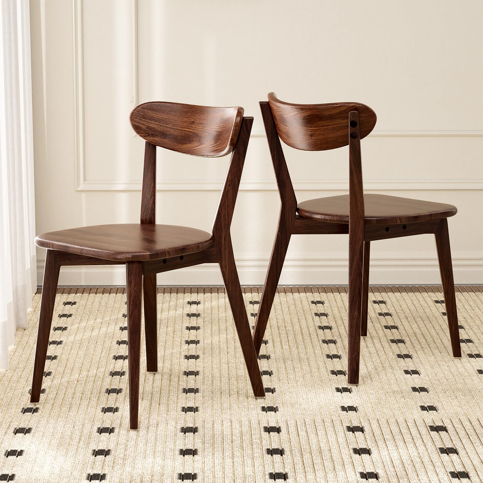 Mid Century Modern Oak Wood Dining Chairs - Set of 2 Walnut Kitchen & Dining Room Chairs with Comfortable Curved Backrest - Perfect for Farmhouse, Scandinavian & Contemporary Home Decor