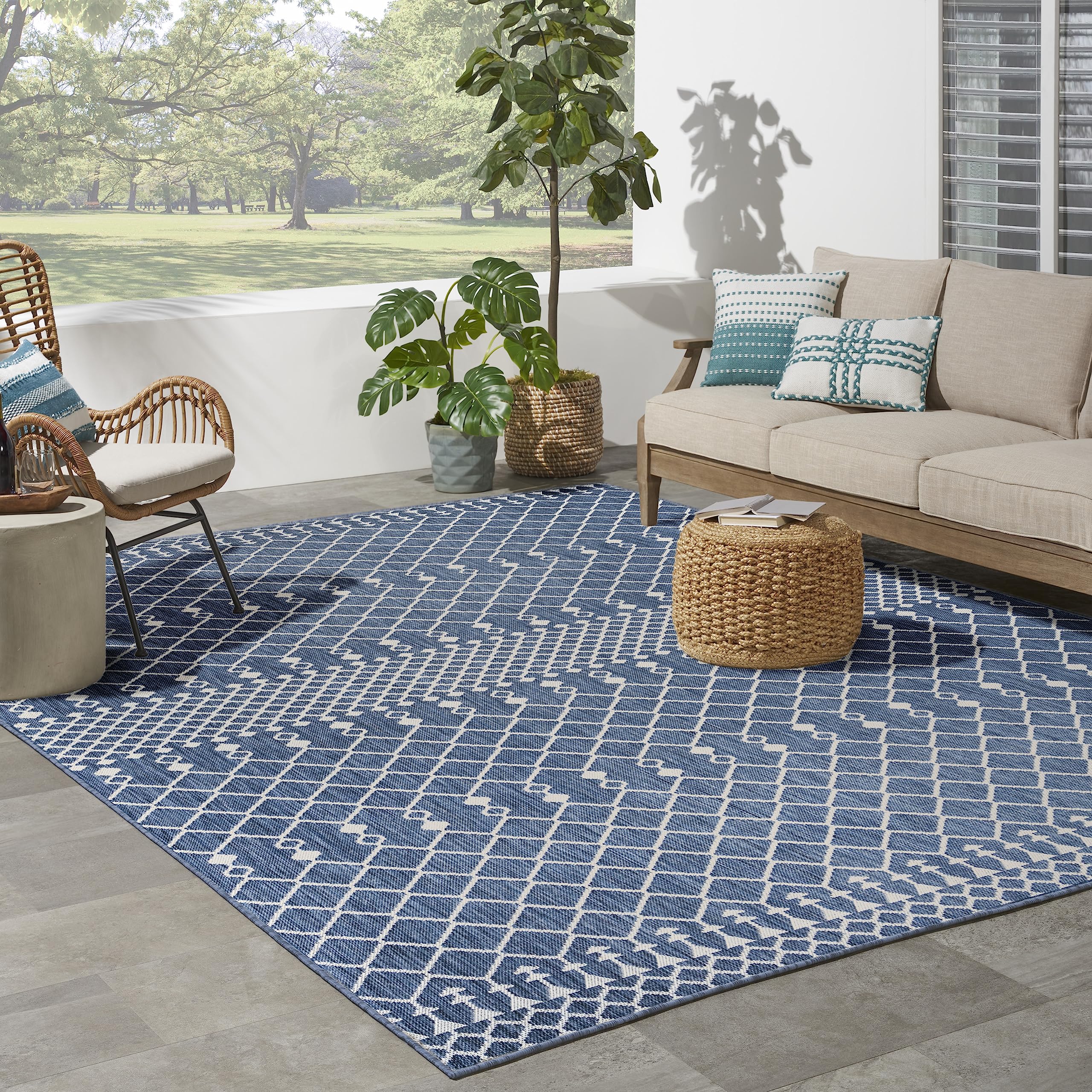 Nourison Positano 8' x 10' Navy Blue Indoor Outdoor Area Rug - Easy Clean, Non-Shedding, Stain Resistant - Perfect for Bedroom, Living Room, Dining Room, Backyard, Deck & Patio Decor