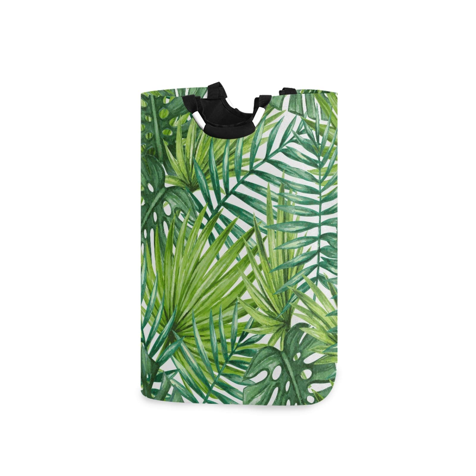 Foldable Waterproof Laundry Hamper Basket with Handles - Tropical Palm Leaves Design for Dirty Clothes & Toy Storage - Perfect for Bathroom, Bedroom, Dorm & Travel Use