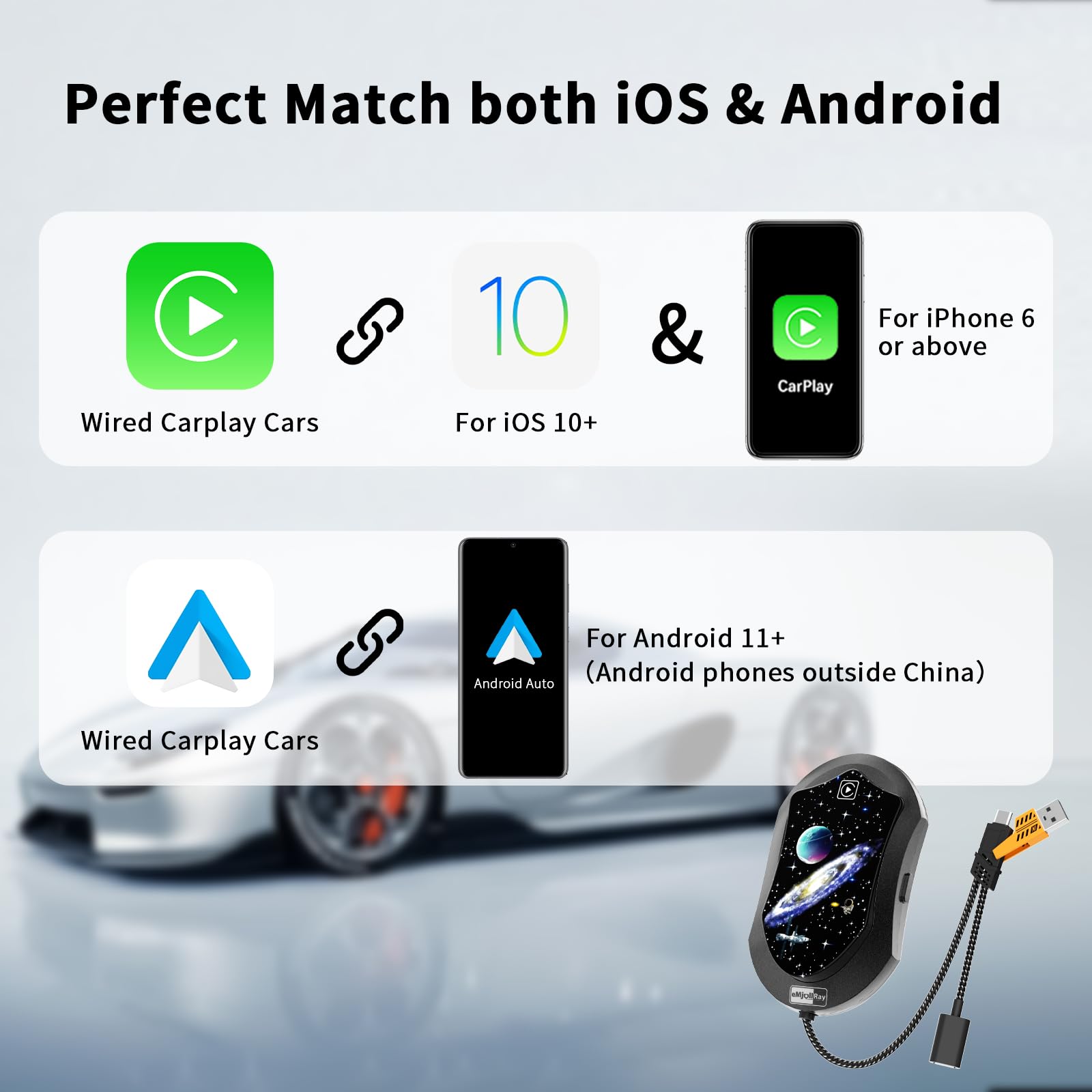 3-in-1 Wireless CarPlay & Android Auto Adapter - USB A/C Plug & Play Converter for Wired to Wireless - Compatible with 2017+ Cars & iPhone iOS 10+/Android 11+ - Perfect for Hands-Free Driving & Seamless Music Streaming