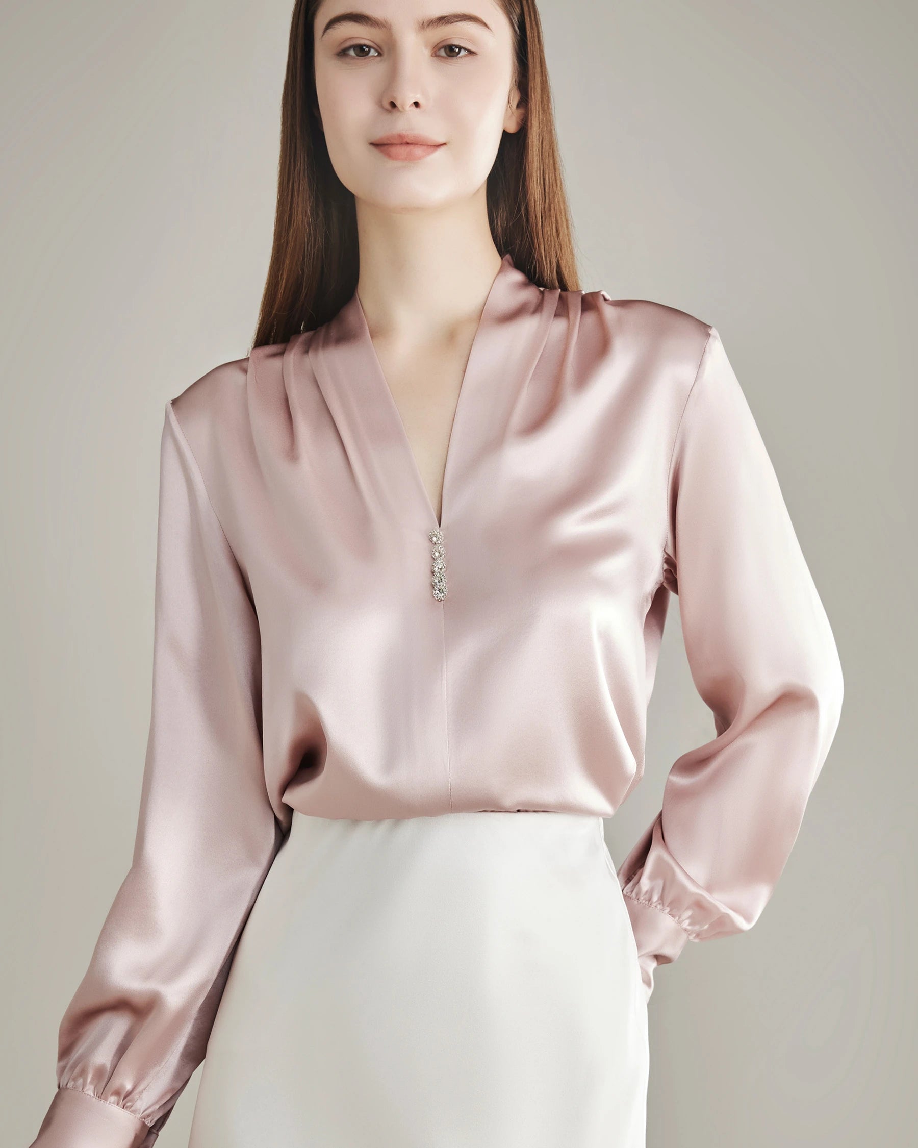 Elegant Women's Rhinestone Buttons Silk Blouse - Formal & Party Wear for Office, Dinner & Special Occasions