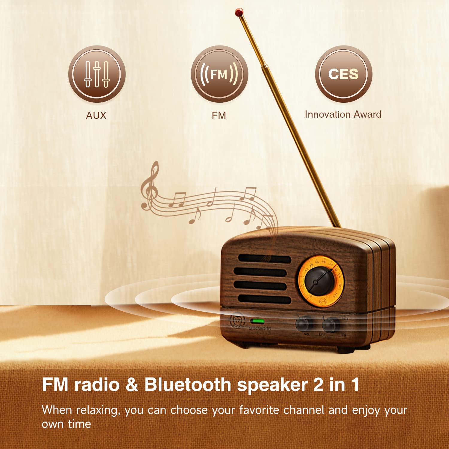 Vintage Muzen OTR Wood Portable Bluetooth Speaker with FM Radio, AUX Input & 10+ Hours Playtime - High Fidelity Stereo Sound, Retro Suitcase Design - Perfect for Home, Office, Picnic, Travel & Gift Giving