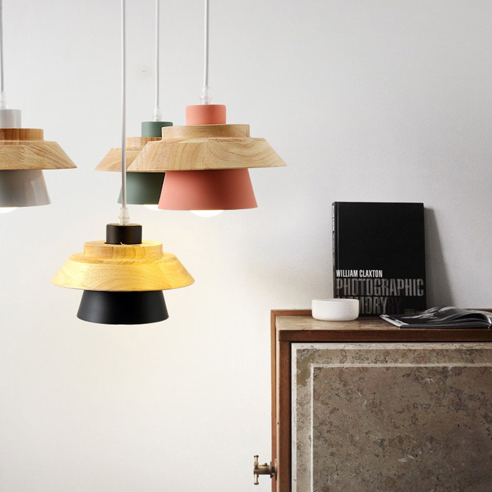 Modern Nordic Iron & Wood Chandelier - Single Head LED Pendant Light in Black, White, Pink, Green - Minimalist Ceiling Lamp for Bedroom, Restaurant & Living Room Decor (White)