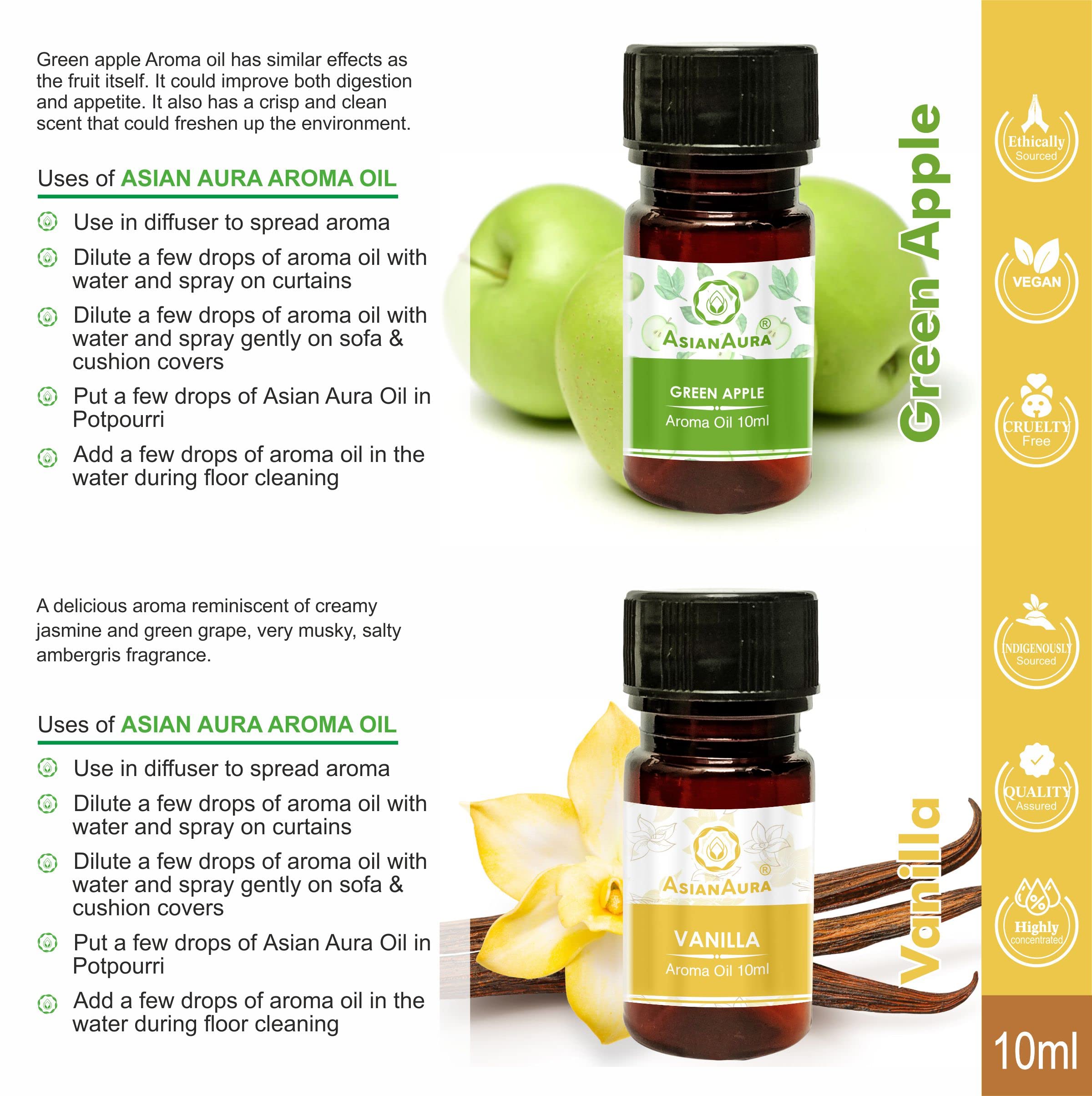 Premium Asian Aroma Essential Oil Set - 6 Pack (10ml Each) for Candle Warmers & Electric Diffusers | Marigold, Mogra, Sandalwood, Green Apple, Vanilla, Strawberry Scents | Home Fragrance Oil for Relaxation, Yoga & Aromatherapy