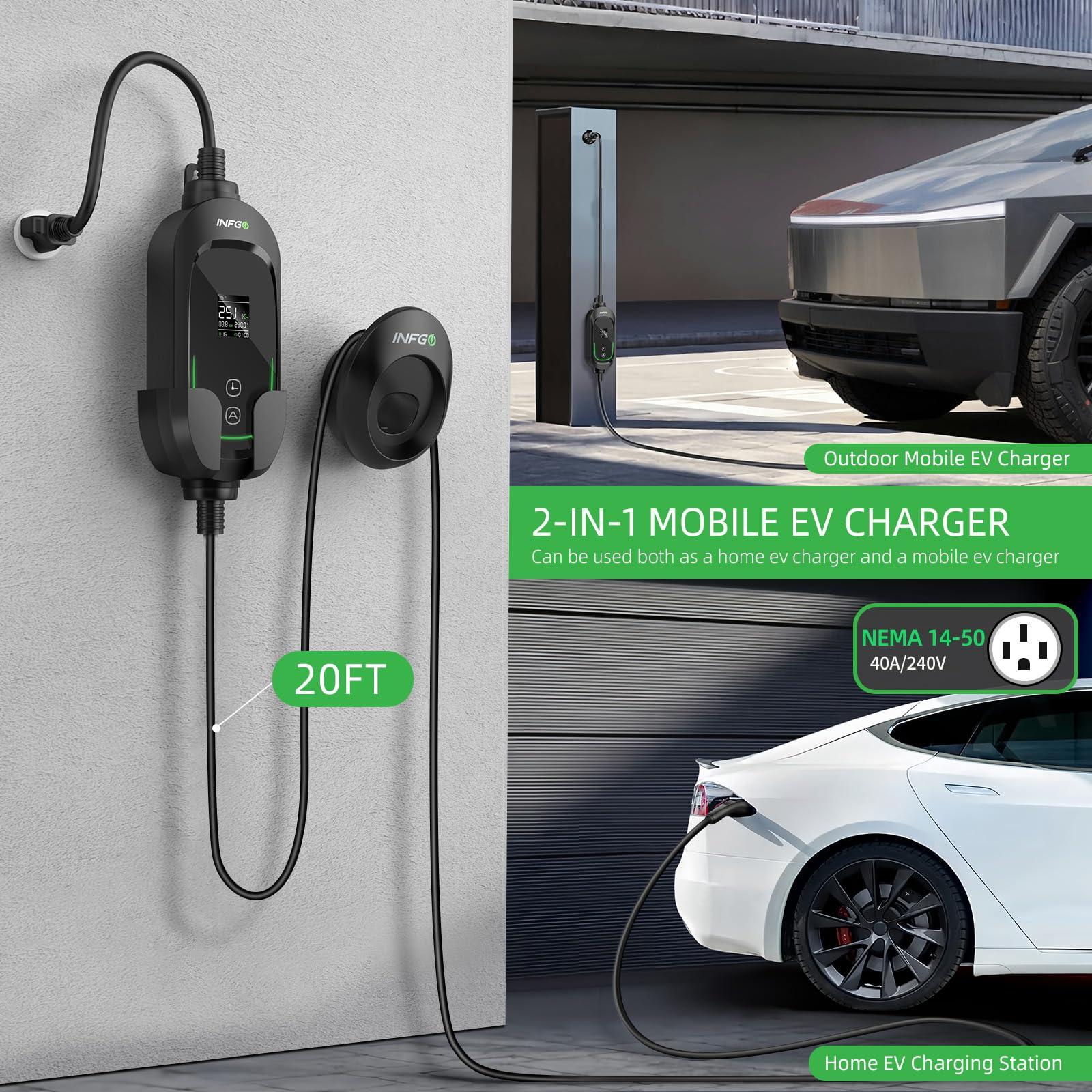 Fast Charging Level 2 EV Charger for Tesla - 40A Portable Electric Vehicle Charger with NACS Connector, 240V NEMA 14-50 Plug & Wireless Control | ETL Certified Home Wall Charger for Tesla Model Y/3/S/X (20FT Cable) | Perfect for Home, Garage & Road Trip Charging
