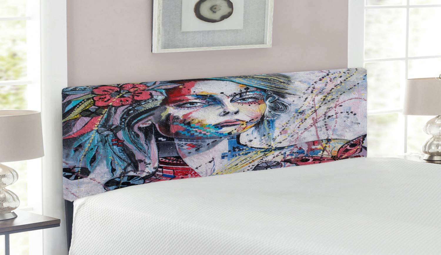 Ambesonne Queen Size Upholstered Metal Headboard with Memory Foam - Fantasy Floral Portrait Art with Geometric Details & Butterflies - Decorative Bed Headboard for Master Bedroom, Guest Room, or Dorm