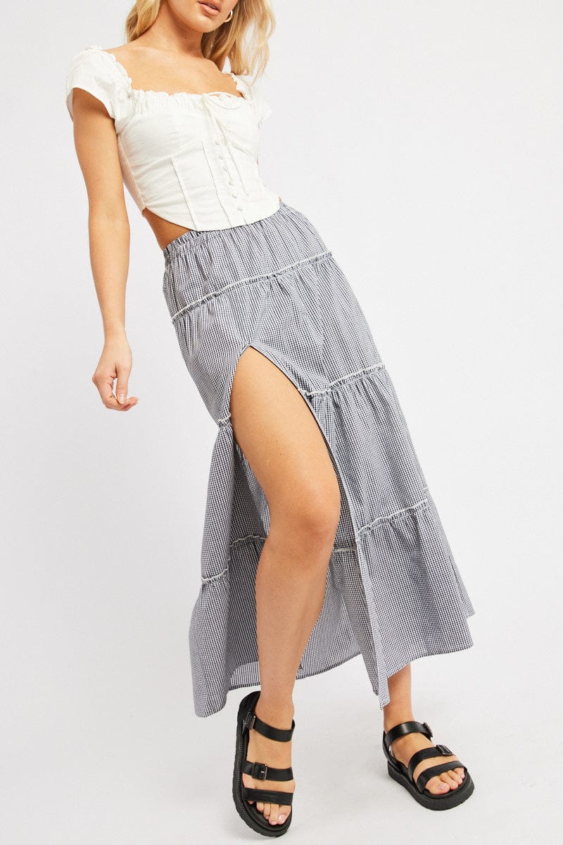 Black Checkered Tiered Maxi Skirt with High Slit - Elegant Boho Flowy Long Skirt for Women | Perfect for Parties, Weddings, and Summer Outfits