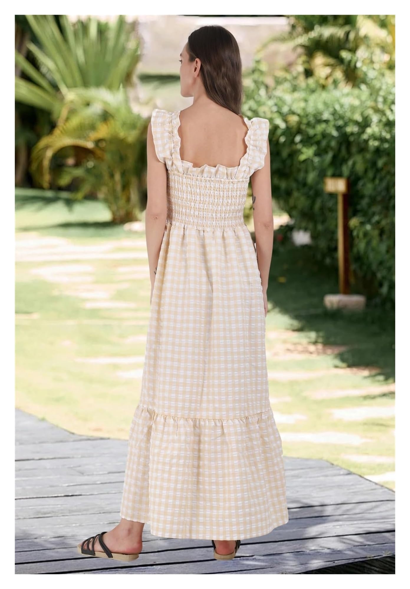 Women's Retro Plaid Smocked Bust Maxi Dress - Singing Solo Multi Plaid Spaghetti Strap Square Neck Long Dress for Summer Beach, Wedding Guest & Party Occasions