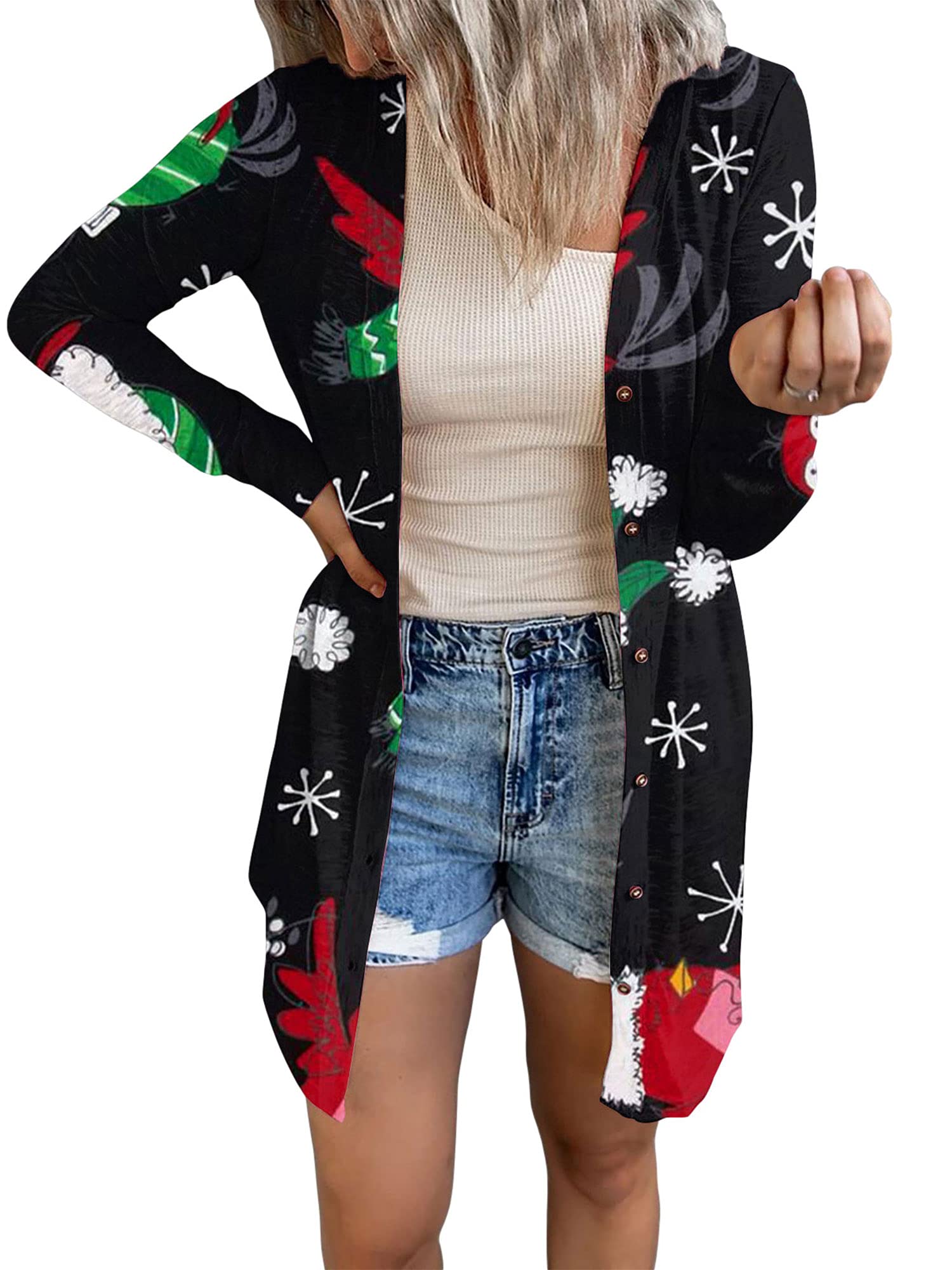 Women's Christmas Cardigan Coat - Open Front Blouse with Fun Snowflake, Snowman & Santa Claus Graphic Print | Cozy Holiday Sweater for Parties, Gift Exchange & Winter Family Gatherings