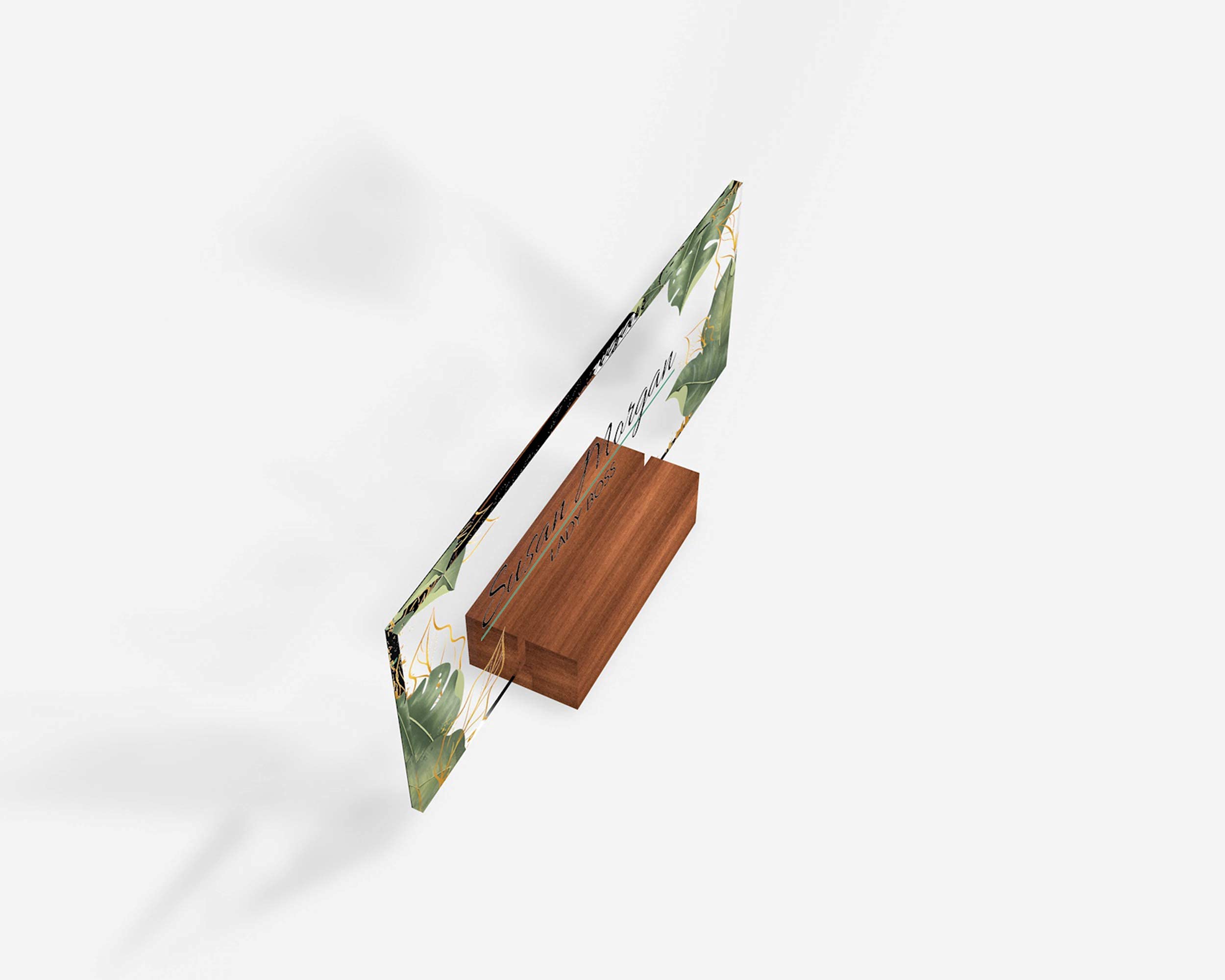 Personalized Desk Name Plate - Modern Office Name Sign with Floral Green Leaves & Metallic Foil - 8
