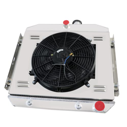 4 Row Aluminum Radiator for 1955-1957 Chevy Bel Air, One-Fifty, Two-Ten, Sedan Delivery, Del Ray & Nomad V8 - High Performance Cooling System with Shroud & Fan Relay - Perfect for Classic Car Restoration & Hot Rod Upgrades