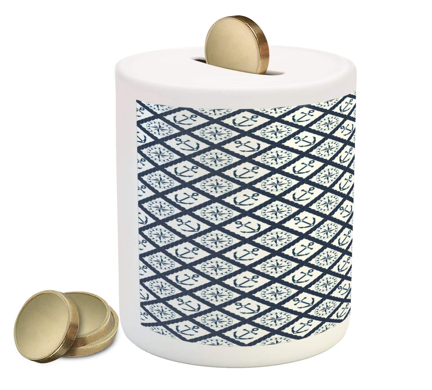 Ambesonne Ceramic Piggy Bank - Nautical Anchor & Windrose Design, Striped Navy Blue and White Coin Bank for Saving Money (3.6