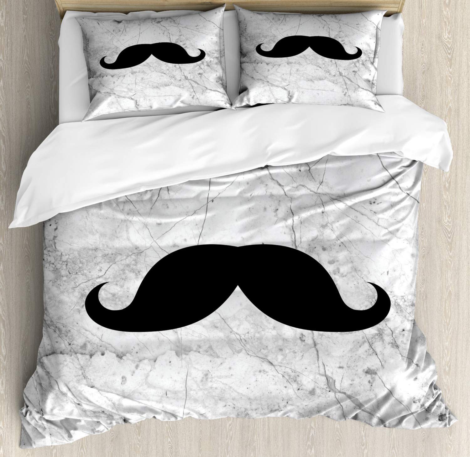 Ambesonne Manly Duvet Cover Set - Retro Mustache Design on Grunge Marble Backdrop, 3-Piece Queen Size Bedding Set with Pillow Shams, Grey Black White | Stylish Home Decor for Men's Bedroom, Perfect Gift for Husband or Boyfriend