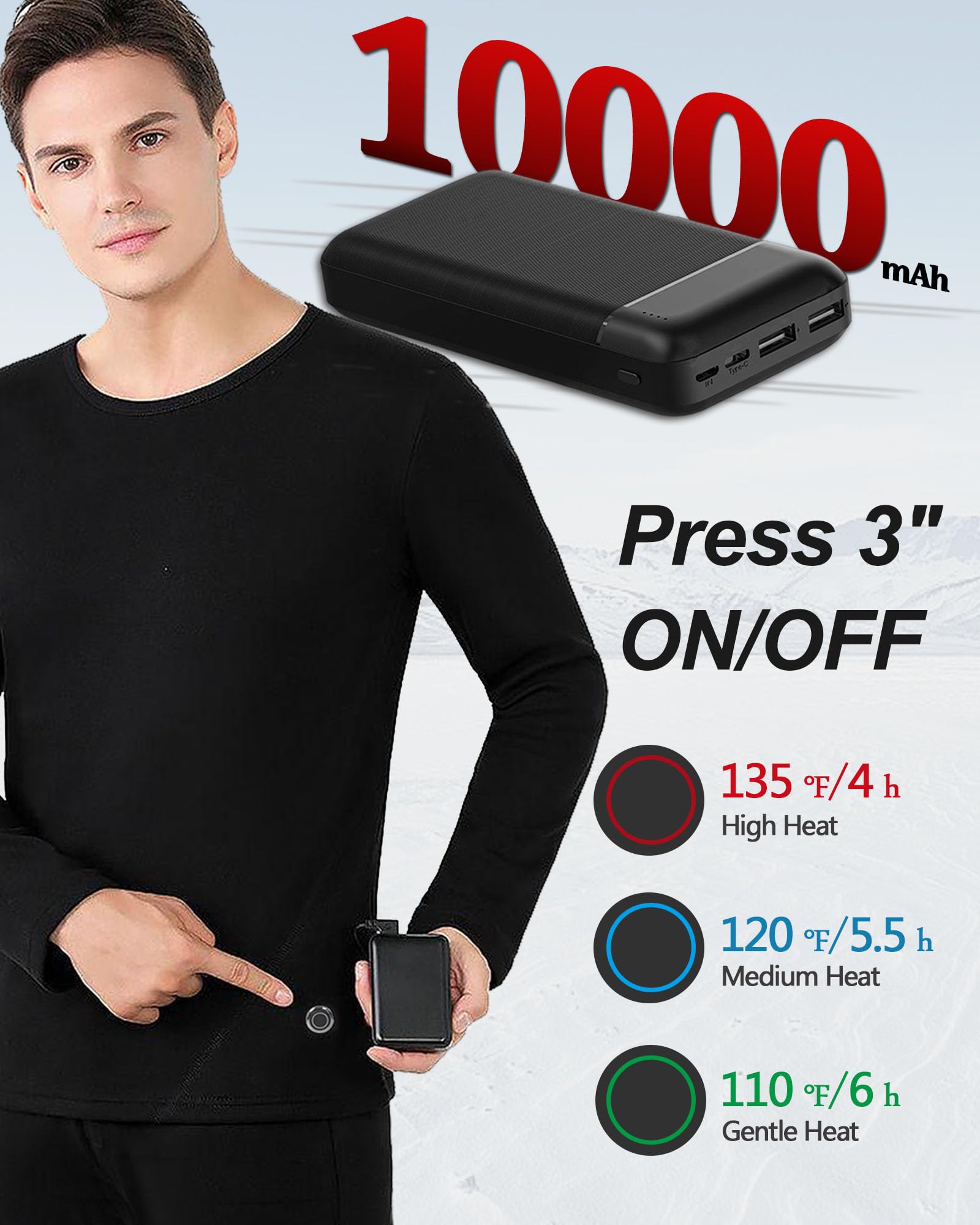 Men's Electric Heated Thermal Underwear Set - Battery Powered Winter Base Layer for Outdoor Sports & Cold Weather Activities - Perfect for Skiing, Hiking, Camping and Winter Work