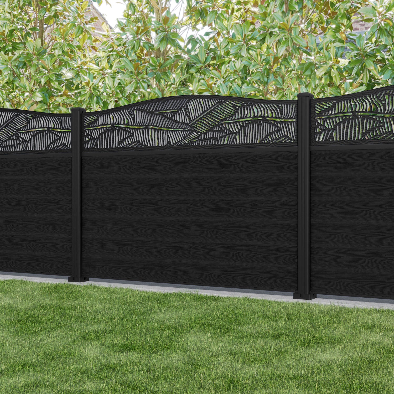 Classic Black Feather Curved Top Fence Panel with Aluminum Posts - Perfect for Garden, Patio, and Backyard Decoration