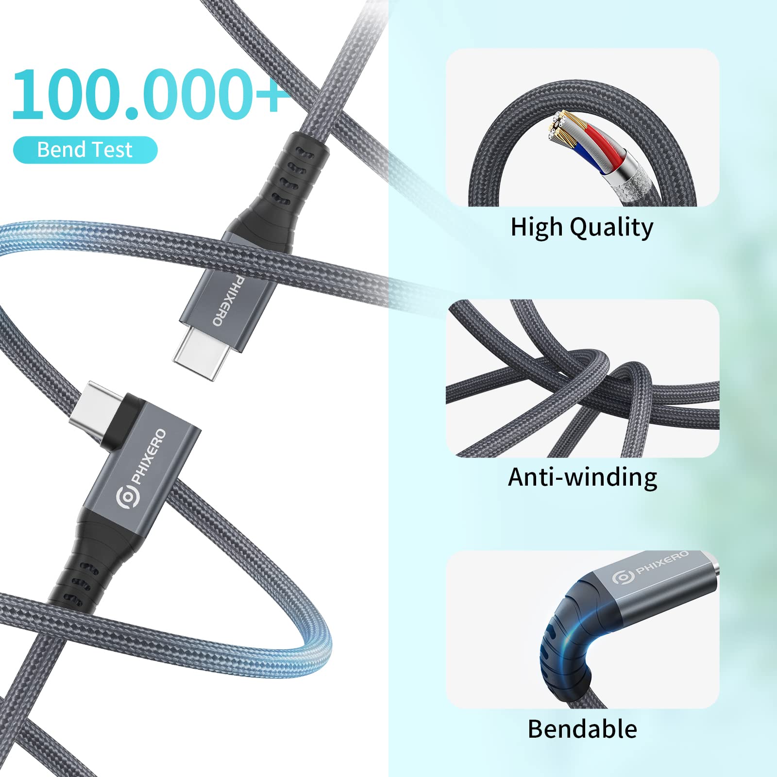 PHIXERO USB 4 Cable 1FT - Thunderbolt 3/4 Compatible Right Angle USB C to USB C Cable - 100W Fast Charging, 40Gbps Data Transfer, 8K/Dual 4K Display Support - for MacBook Pro, iPad Pro, Dell XPS & More