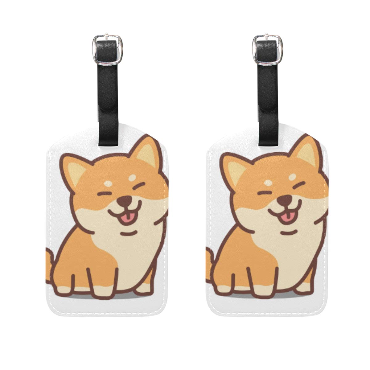 2 Pack Cute Shiba Inu Puppy Cartoon Luggage Tags - PU Leather ID Labels with Privacy Cover for Suitcase & Travel Bags - Perfect for Airports, Vacations & Business Trips
