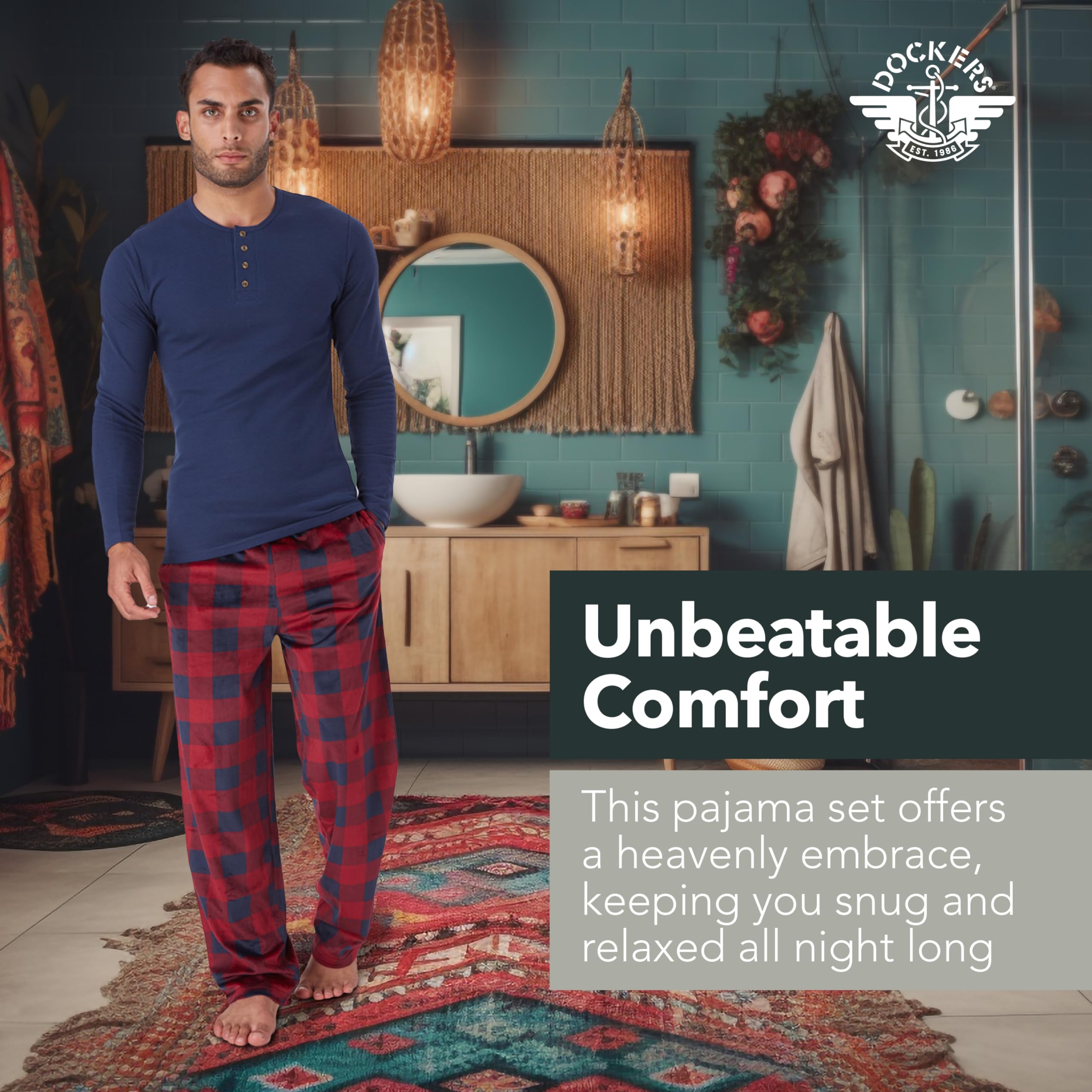 DOCKERS Men's Plaid Pajama Set - Waffle Henley Long Sleeve Shirt & Comfortable PJ Pants for Lounge, Sleep & Relaxation at Home