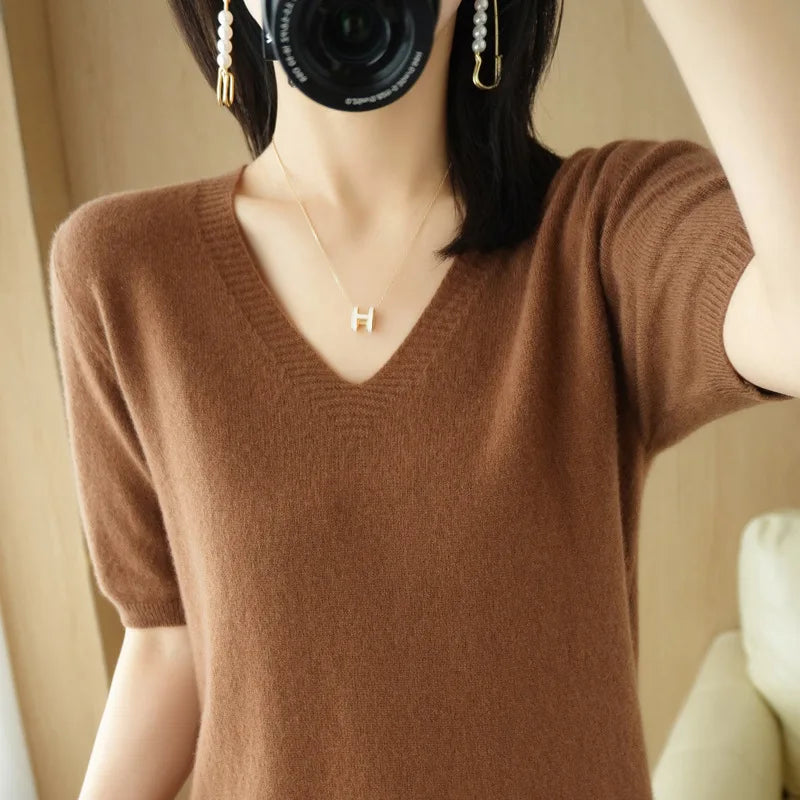 Solid Color V-Neck Half-Sleeve Cashmere Sweater for Women - Soft Thin Knit Casual Top for Office Wear & Fall Layering