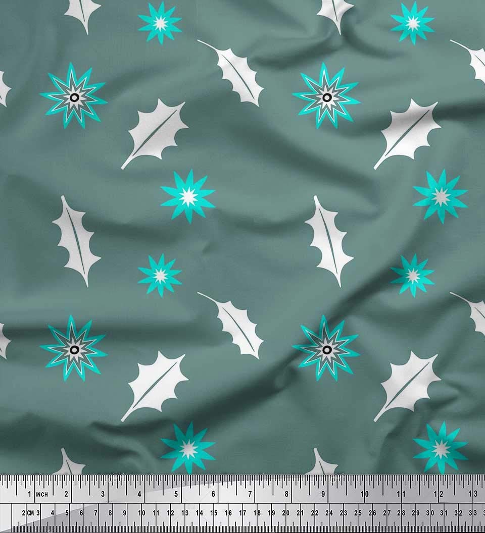 Soimoi Moss Georgette Brown Fabric by The Yard - 42 Inch Wide Printed Cotton Fabric with Star & Holly Leaves Pattern for Christmas Decor, Holiday Crafts, DIY Garments and Home Decoration