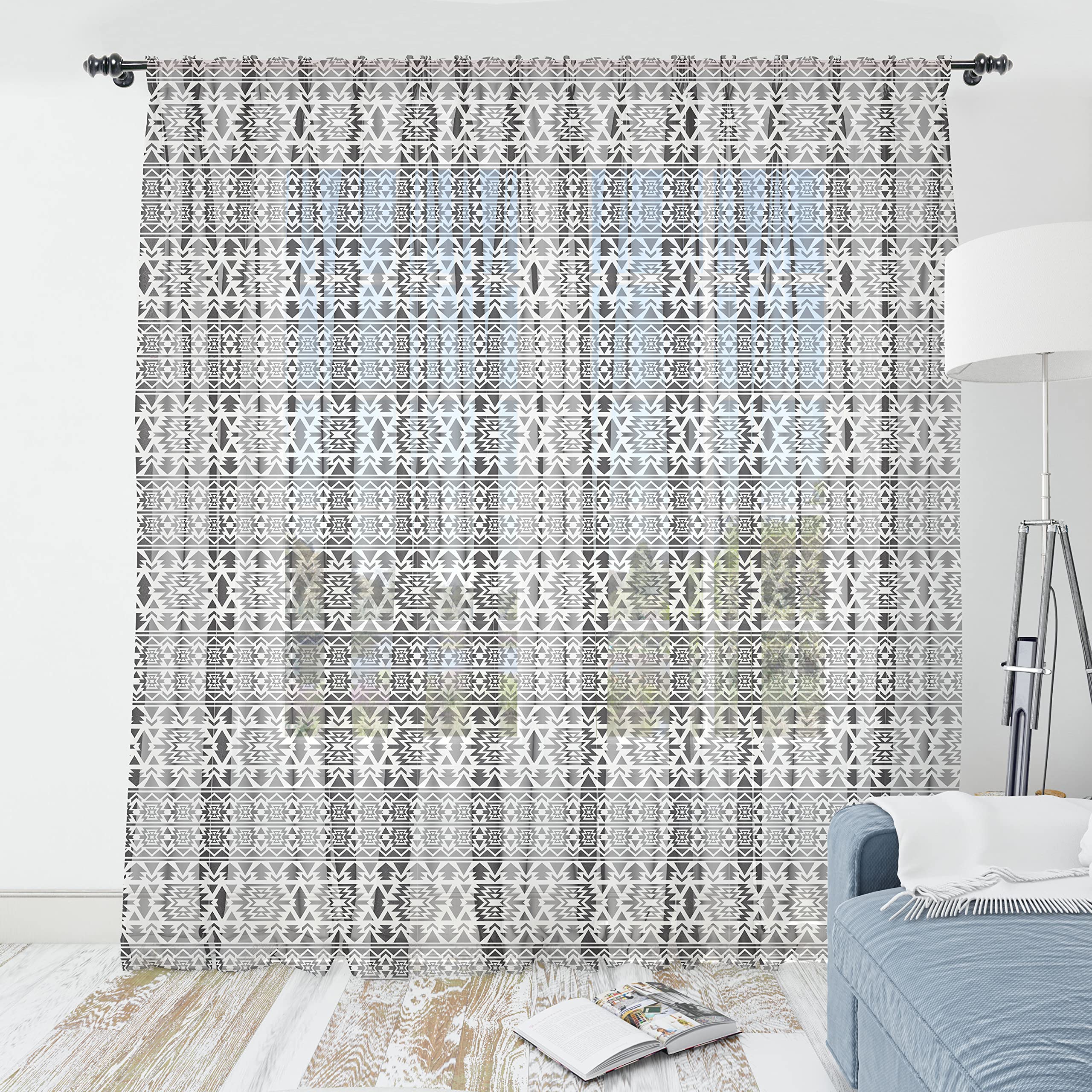 Ambesonne Black and White Tulle Curtains with Rod Pocket - Folk Art Mexican Mayan Triangle Pattern Sheer Drapes for Wedding, Party & Home Decor (2 Panels, 108
