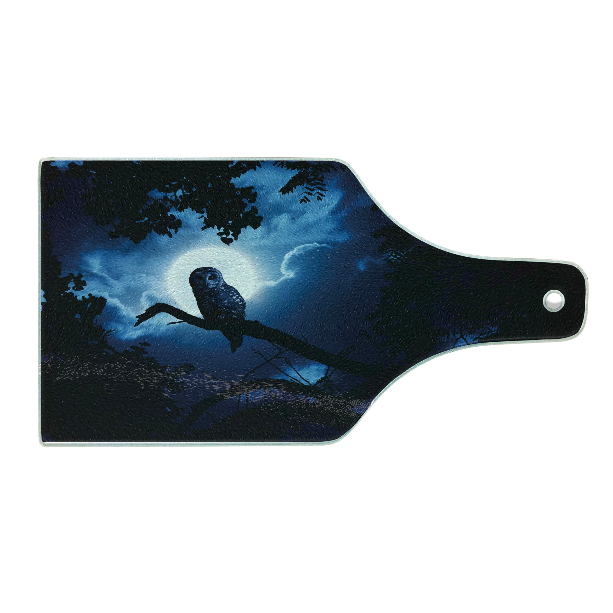 Ambesonne Night Themed Cutting Board - Tranquil Woods with Full Moon, Tall Trees & Owl on Branch - Tempered Glass Serving Board for Cheese, Charcuterie & Wine - Elegant Black Blue White Design - Perfect for Dinner Parties, Gifts & Home Decor