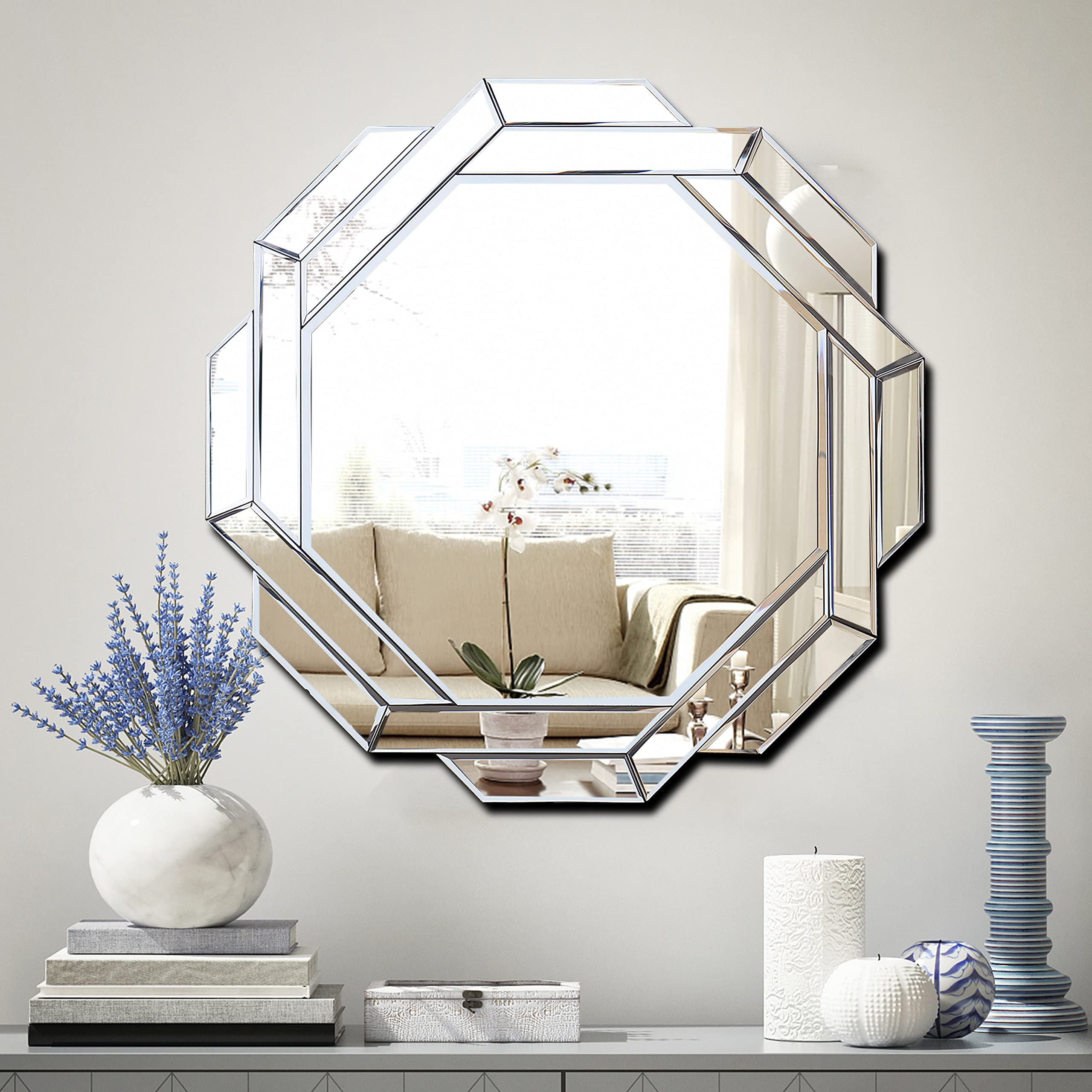 Hexagon Frameless Beveled Wall Mirror - 27.6x27.6 Inches Silver Polished Decorative Mirror for Living Room, Bedroom & Bathroom | Modern Home Decor & Wall Art | Hlartdecor HFY Series