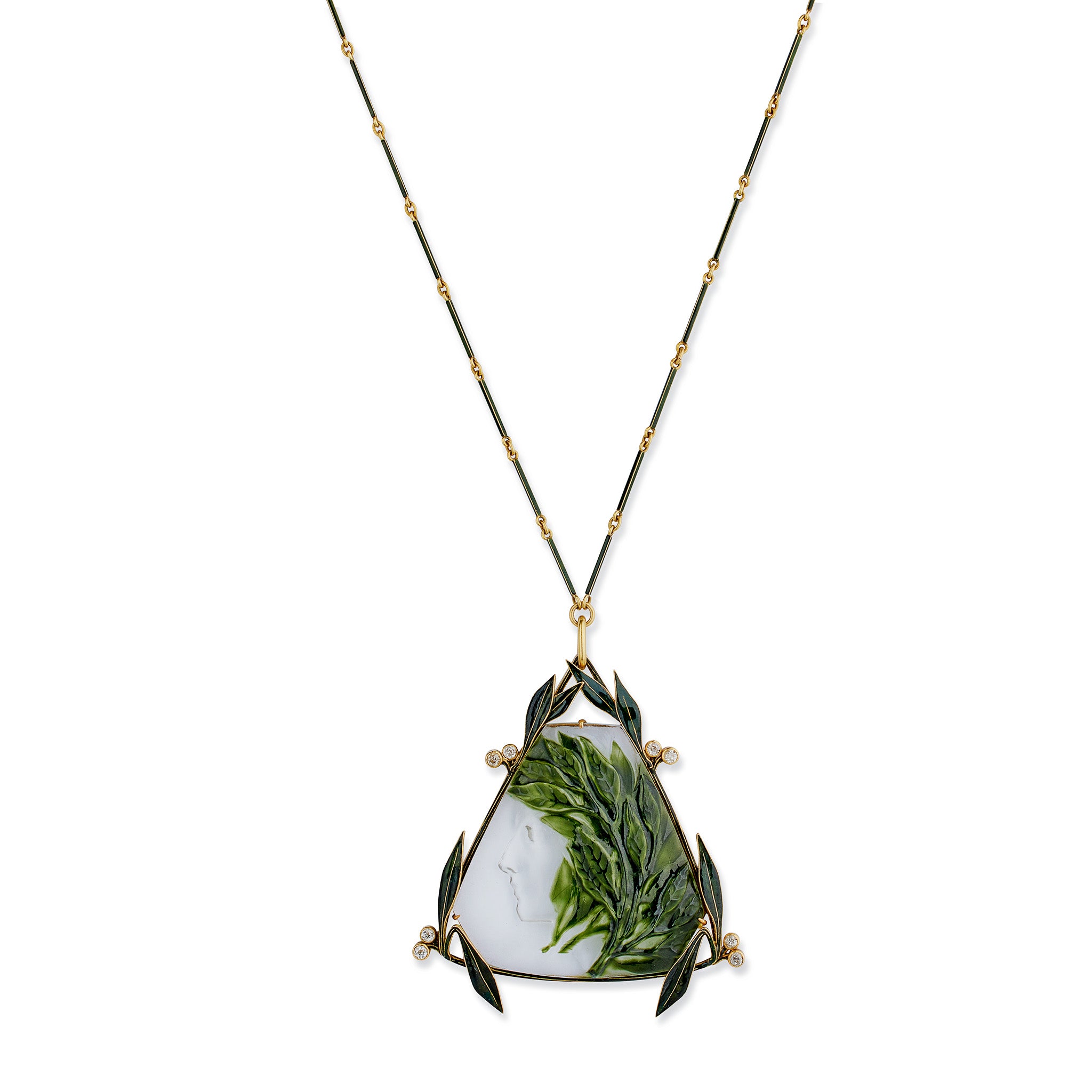 Rare René Lalique Art Nouveau Crystal Pendant Necklace with Enamel & Diamonds - Vintage Jewelry for Special Occasions & Collector's Display