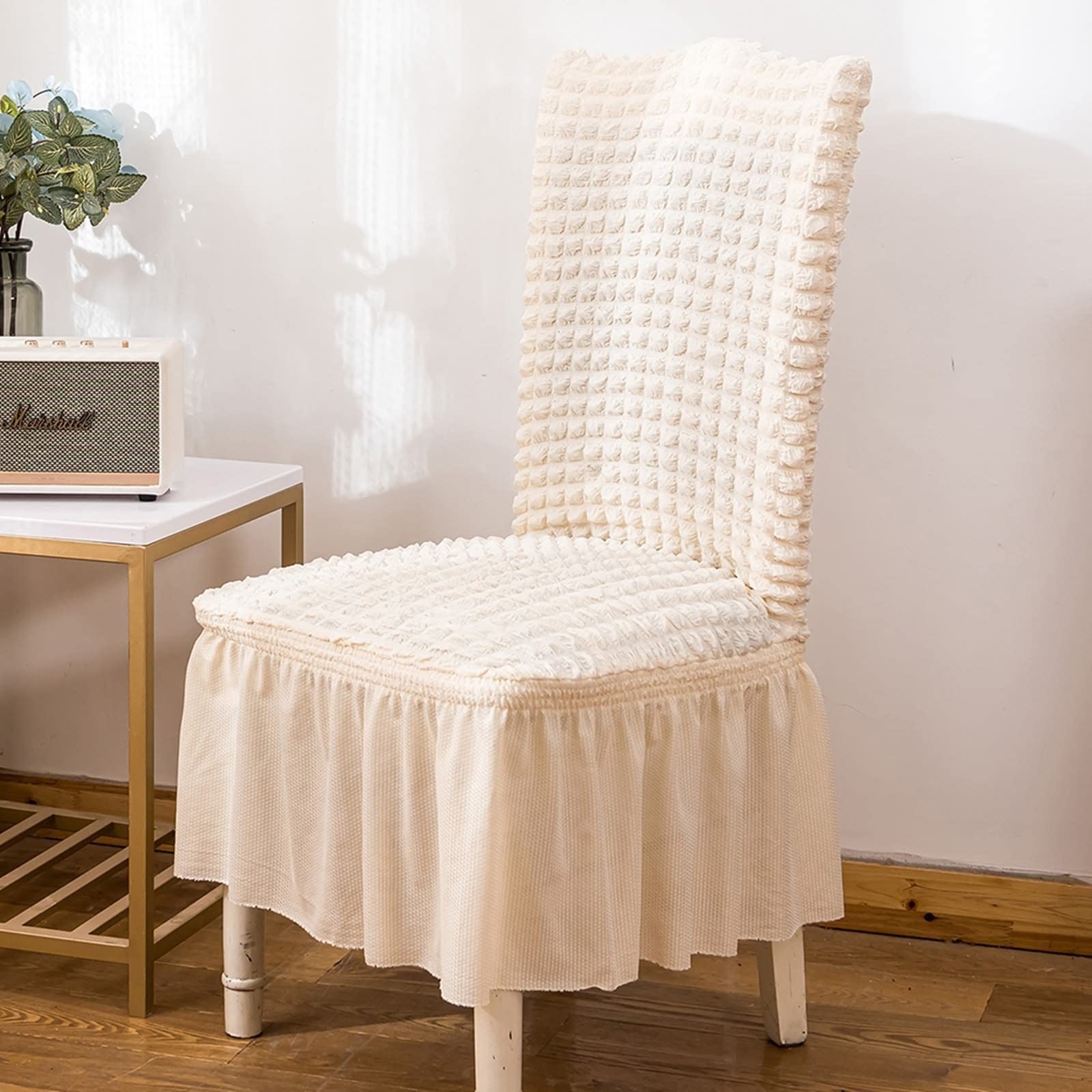 **Daesar Universal Stretch Chair Covers 4-Pack - Washable & Removable Slipcovers for Dining & Kitchen Chairs - Bubble Plaid Pattern with Skirt - Polyester Fabric in Beige - Perfect for Home, Office, and Party Decor**