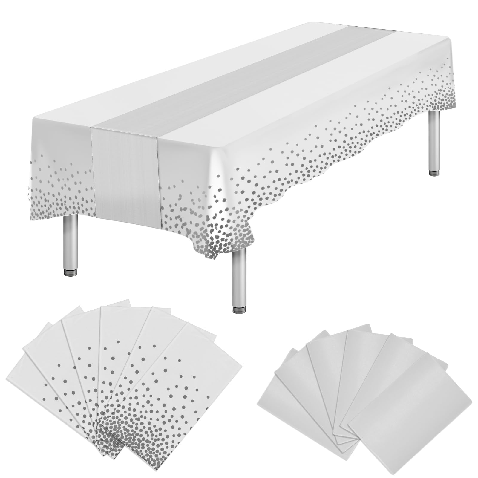 12-Pack Disposable White Tablecloths & Satin Table Runners - Rectangle Party Table Covers for Birthday, Wedding, Anniversary Decorations - Perfect for Banquets, Buffets, and Special Events