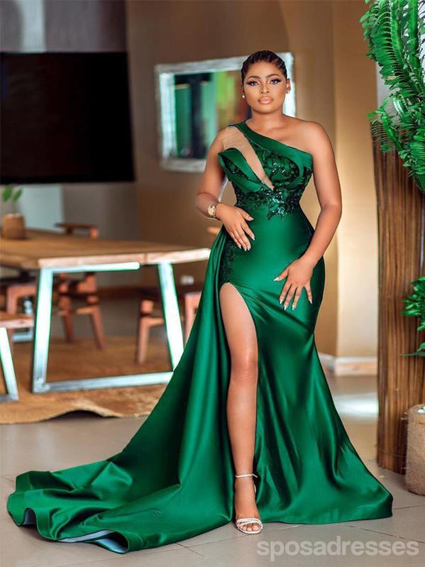 Elegant Green Mermaid One Shoulder High Slit Prom Dress for Women - Perfect for Party, Homecoming & Formal Dances - Stunning Evening Gown for Prom Night & Special Occasions