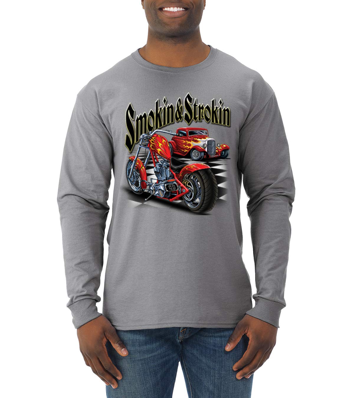 Vintage Red Hot Rod & Motorcycle Graphic Men's Long Sleeve Shirt - Retro Car & Bike Enthusiast Tee for Casual Wear, Biker Events & Car Shows