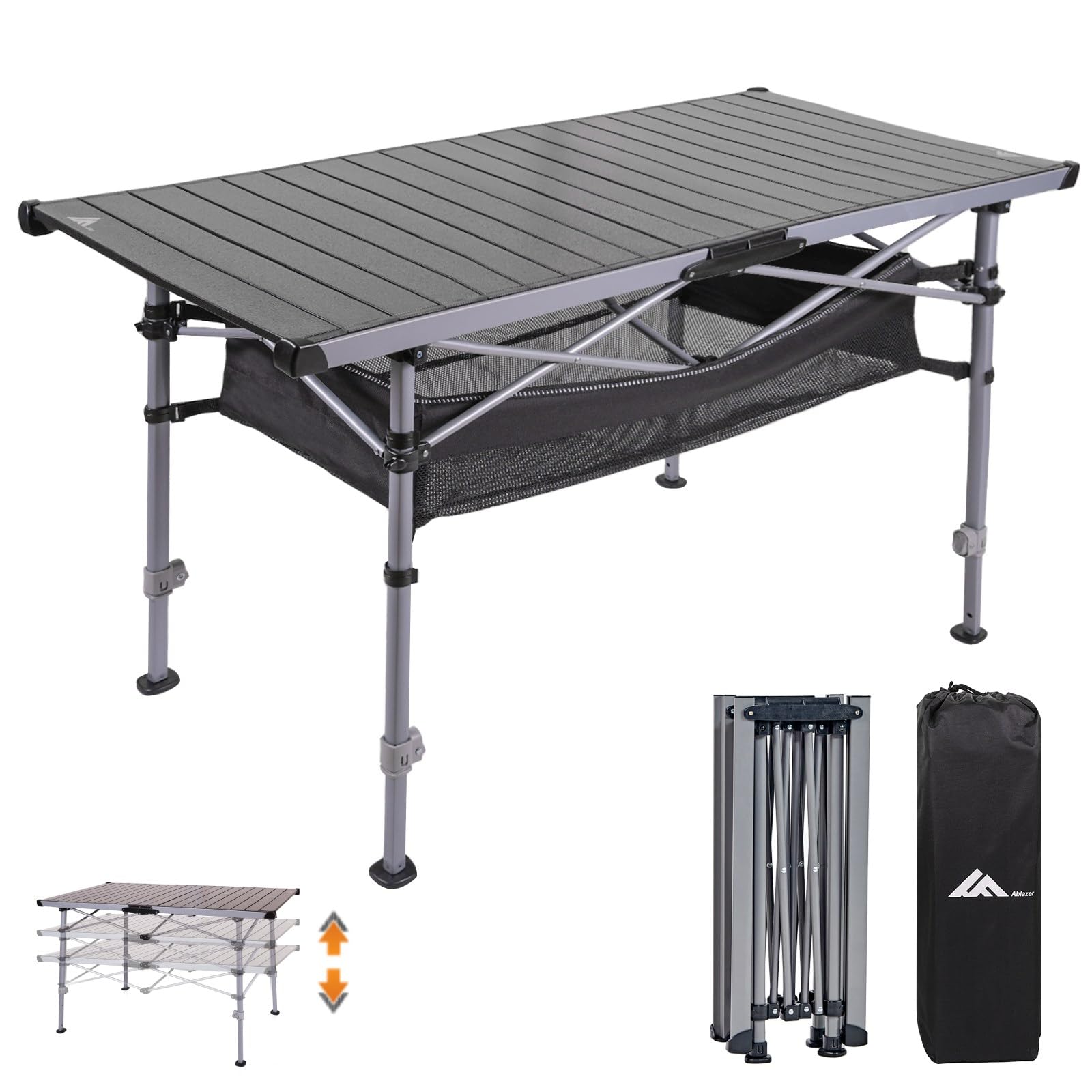 Ablazer Adjustable Height Aluminum Camping Table with Carry Bag - Portable Roll-Up Picnic Table for 4-6 People - Perfect for Outdoor, Camping, Beach, BBQ & Tailgating Parties