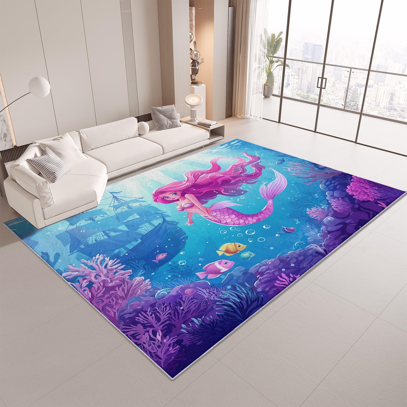 5x7 ft Cartoon Fish Coral & Shipwreck Non-Slip Area Rug - Soft Washable Indoor Living Room Carpet for Bedroom, Dining Room, Playroom & Nursery - Perfect for Coastal Themed Home Decor & Kids Room Floor Mat