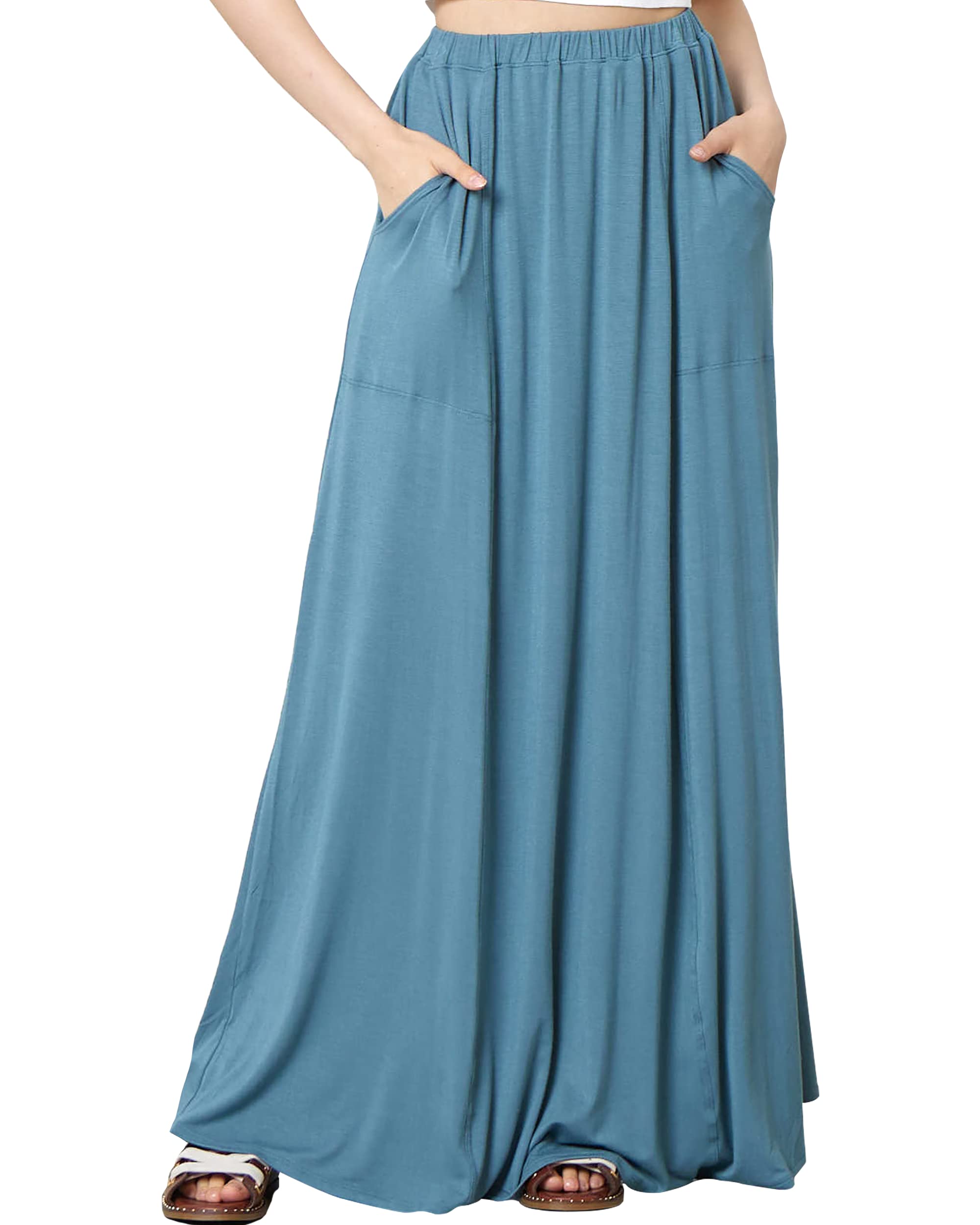 Noflik Women's High Waisted Elastic Boho Maxi Skirt with Side Slits & Pockets - Flowy Long Skirt for Beach, Vacation & Casual Wear