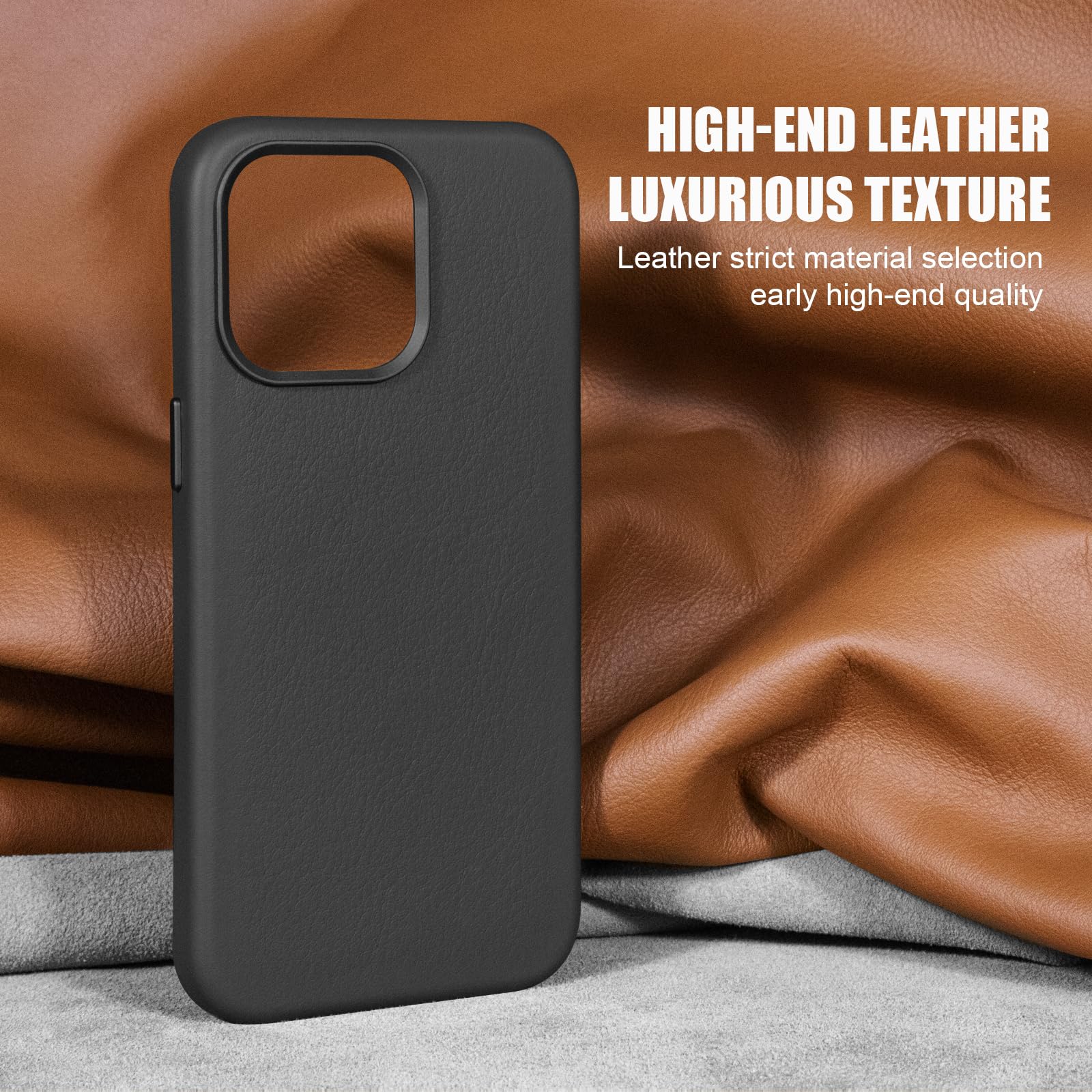 Premium Genuine Full Grain Leather Case for iPhone 15 Pro Max - Slim Fit, MagSafe & Wireless Charging Compatible - Drop & Scratch Resistant with Metal Buttons & Camera Bezel (Black) | Perfect for Business Professionals & Daily Commuters
