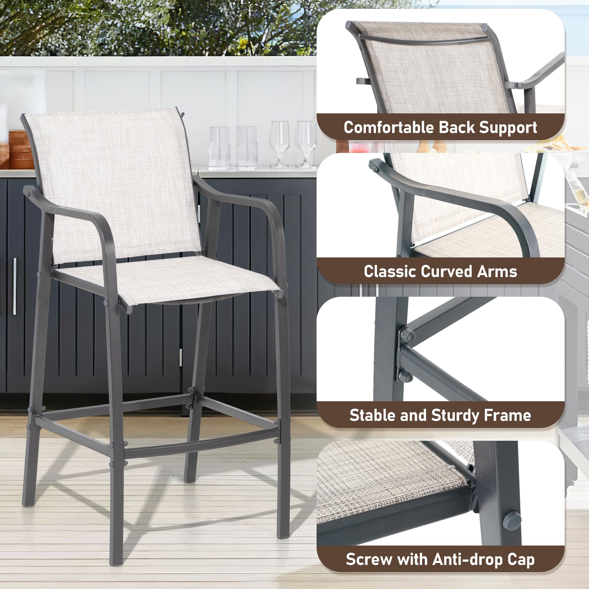 Outdoor Metal Bar Stools Set of 4 - Counter Height Steel Patio Chairs with Textilene Seat, Armrest & Footrest - Lightweight Grey Patio Furniture for Backyard, Deck, Poolside & Outdoor Dining