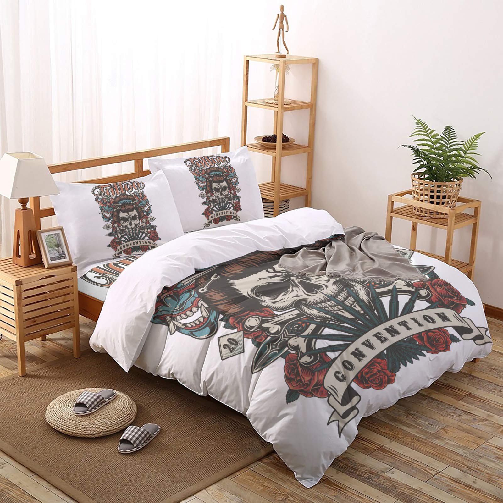 Luxury 4-Piece Japanese Geisha & Skull Print Duvet Cover Set - King Size Soft Bedding with 1 Comforter Cover, 1 Flat Sheet & 2 Pillowcases - Trendy Home Decor for Modern Bedrooms & Guest Rooms