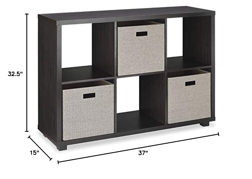 Whitmor Deluxe 6 Cube Organizer with 3 Fabric Bins - Espresso Finish Closet & Home Storage Shelf for Bedroom, Living Room, Office Organization