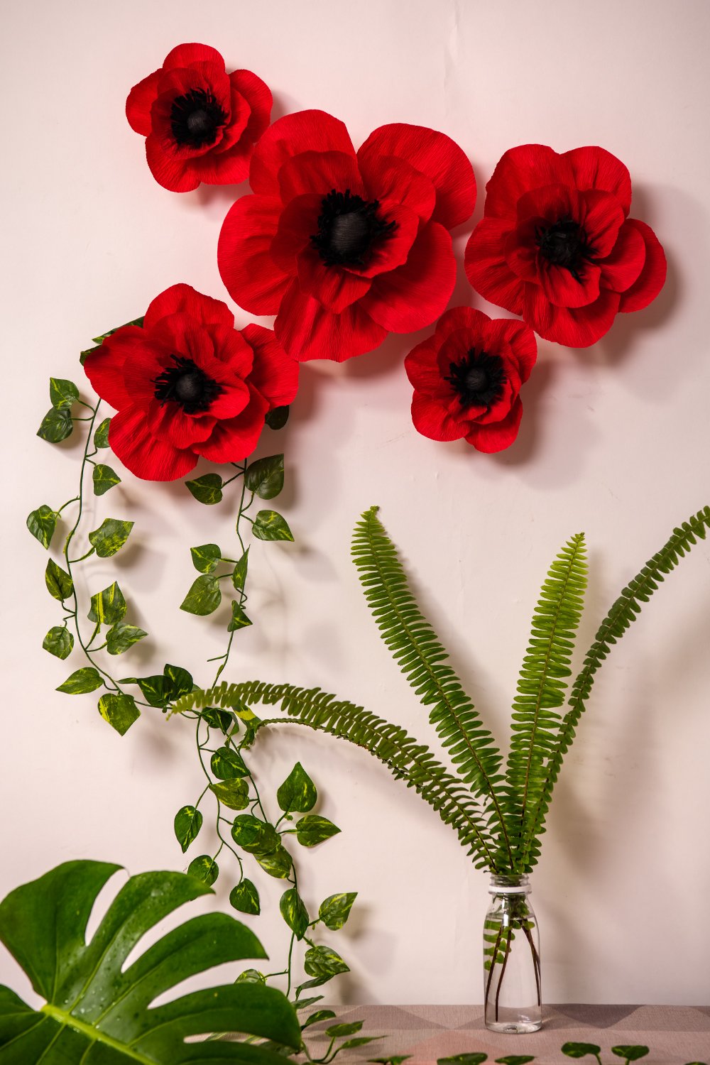 Artificial Crepe Paper Flowers - Wedding, Baby Shower & Party Decor (Red, 5-Pack) for Walls & Backdrops