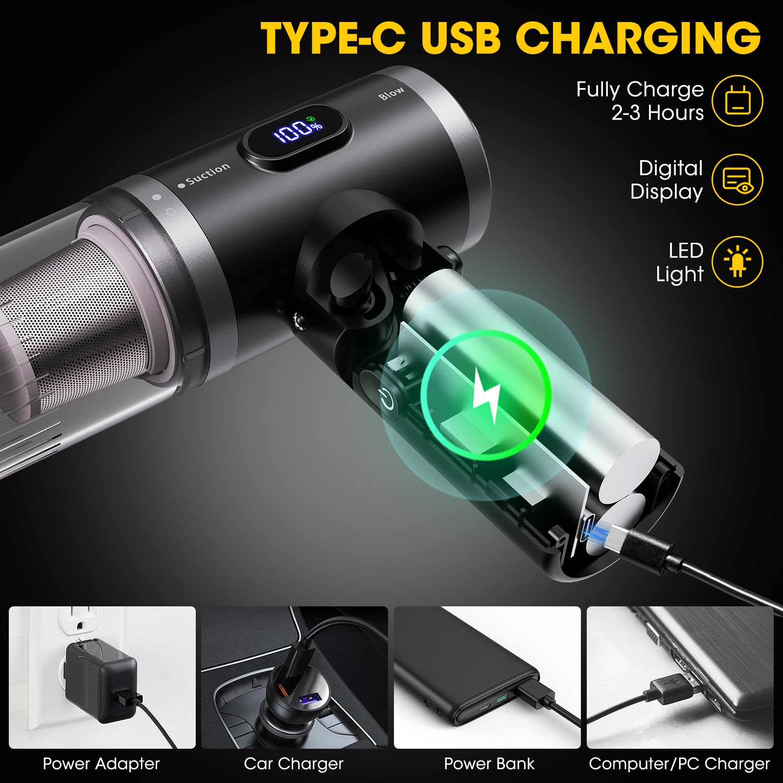 7-in-1 Cordless Handheld Vacuum Cleaner with 14000PA Suction Power - Portable Car Vacuum with Brushless Motor, LCD Display & LED Light - Foldable 90° Design for Home, Car, Kitchen, Office Desk & Keyboard Cleaning
