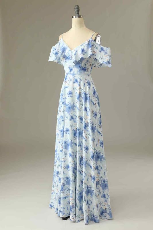 Fokissy Floral Cold Shoulder Bridesmaid Dresses Long Chiffon V-Neck Maxi Dress for Wedding Party, Formal Occasions & Special Events - Elegant Ruffled Gown for Bridesmaids, Prom & Evening Wear