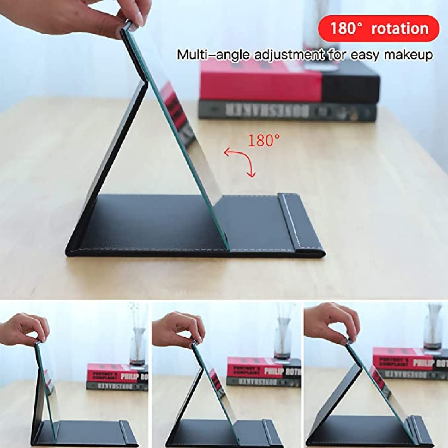 ARQIVO Folding PU Leather Makeup Mirror - Portable Desktop Mirror with Stand, Compact Travel Mirror for Home & Office, Simple Black Design - Perfect for Makeup, Skincare & Travel (1 Pack)