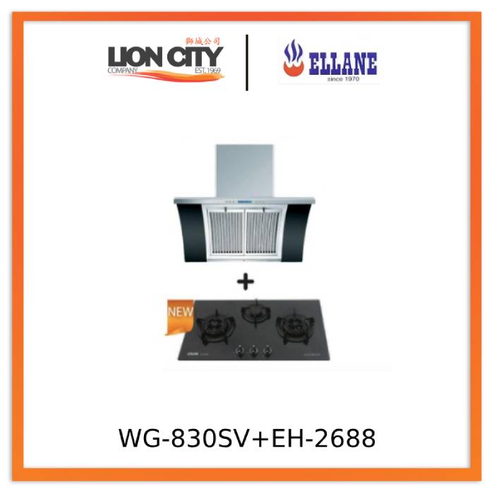 Ellane EH 2688 90cm Stainless Steel Chimney Hood with Arch Glass & WG 830SV 87cm 3-Burner Glass Gas Hob - Modern Kitchen Ventilation & Cooking Combo for Home Chefs