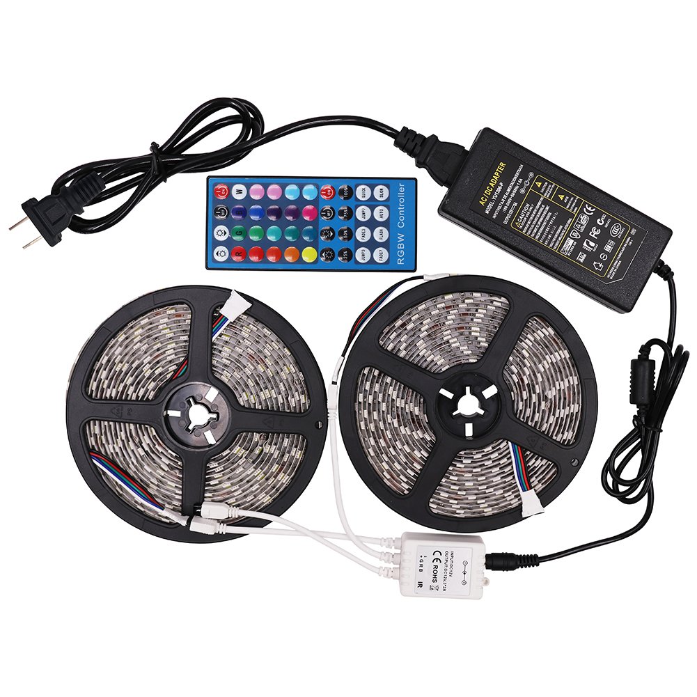 Xunata 33ft LED Strip Lights Kit - 12V 600 SMD 5050 RGBWW Flexible Color Changing Light Strips with 40-Key IR Remote & Power Supply | Indoor Home Decor, Christmas Lighting, Bedroom Accent, Party Atmosphere