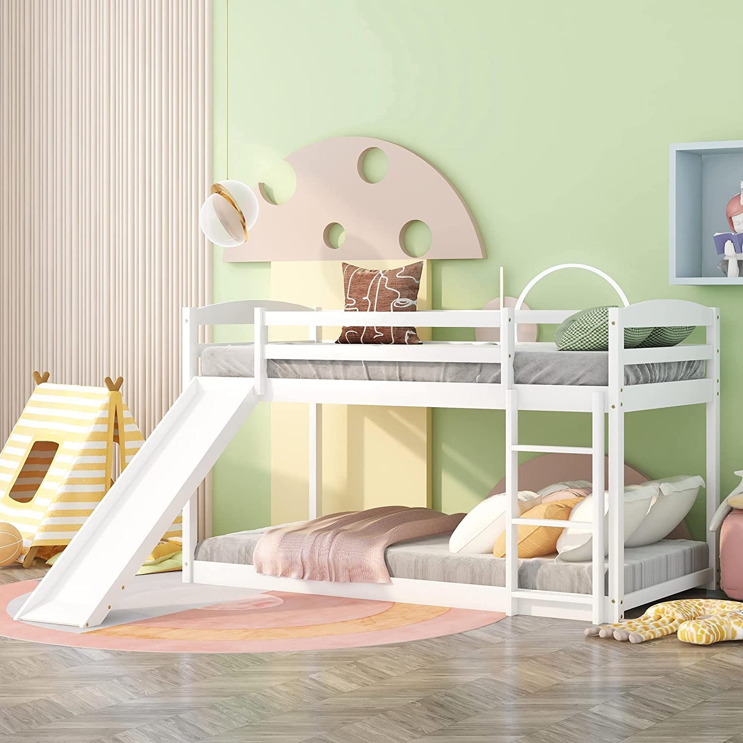 Harper & Bright Designs Twin Over Twin Wooden Bunk Bed with Slide & Ladder - Low Profile Kids Bunk Bed for Toddler Boys & Girls, White - Perfect for Small Bedrooms, Playrooms & Sleepovers