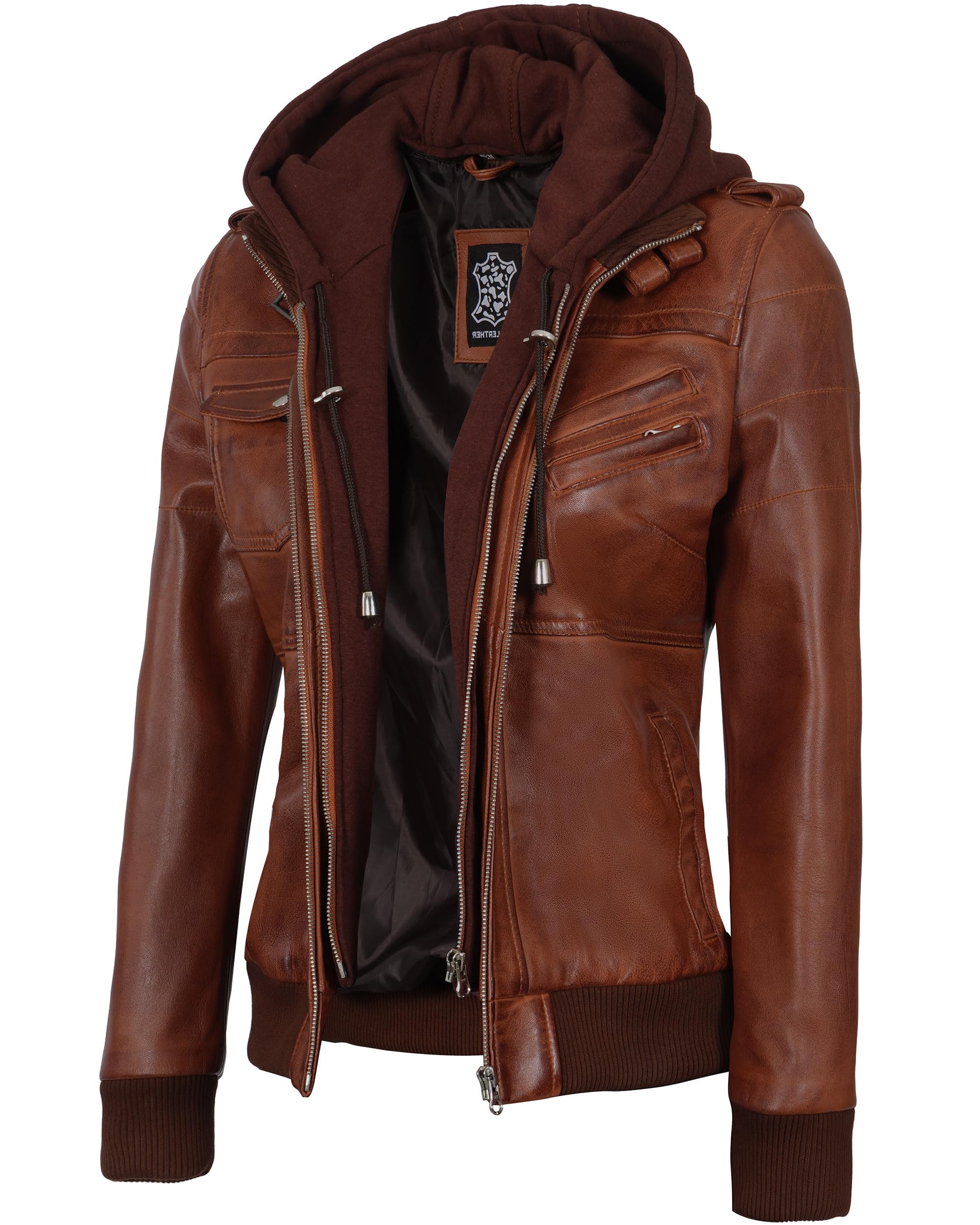 Decrum Genuine Leather Jacket for Women - Detachable Hood Bomber Jacket | Fall & Winter Fashion Outerwear | Perfect for Casual Wear, Date Nights & Outdoor Adventures
